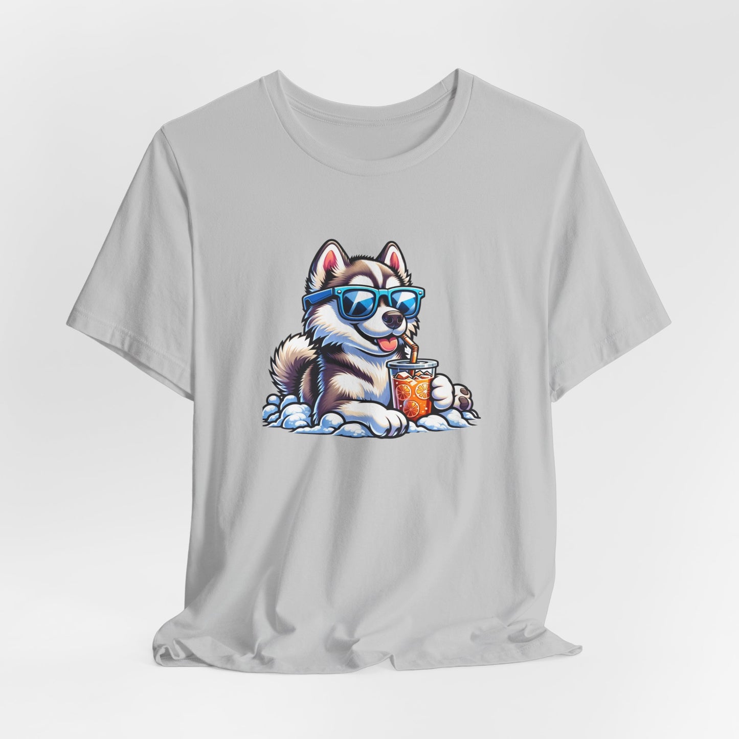 Siberian Husky Drinking Iced Tea Wearing Sunglasses Unisex Jersey Short Sleeve Tee