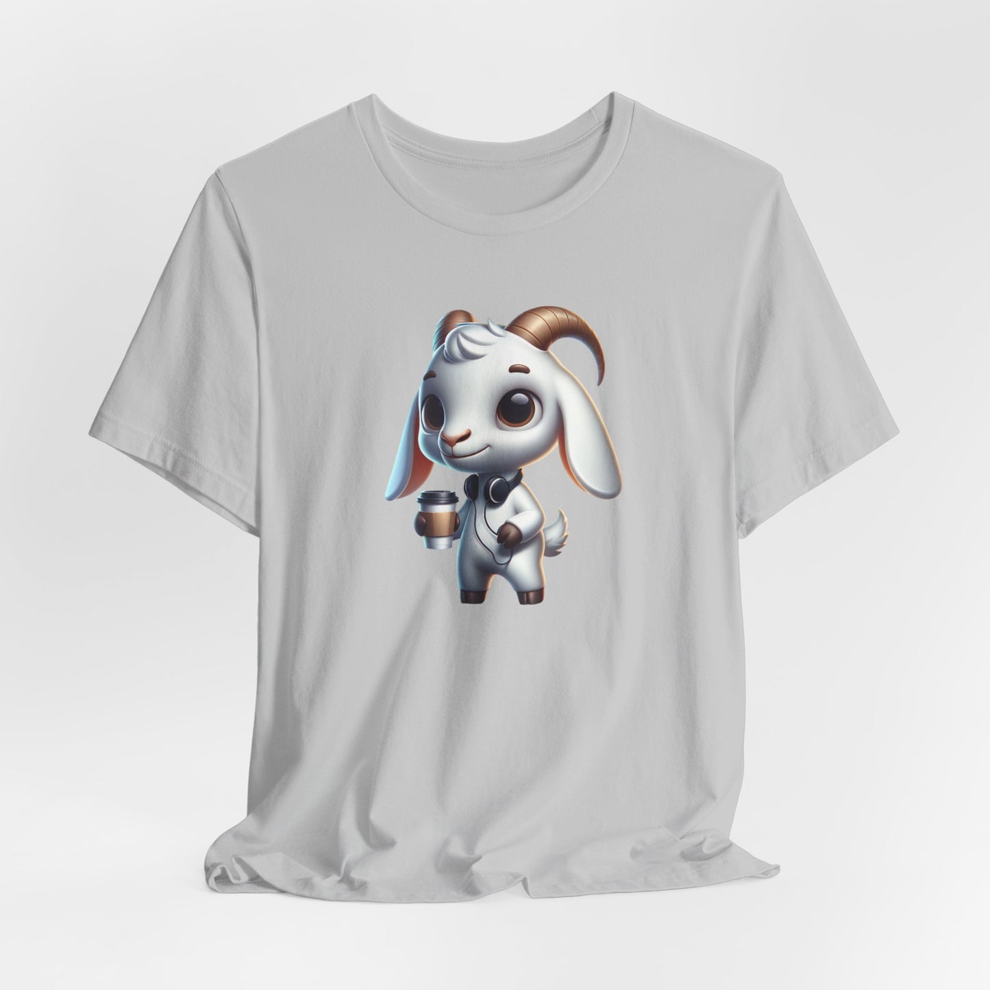 Goat with Headphones Drinking Coffee On The Go Unisex Jersey Short Sleeve Tee