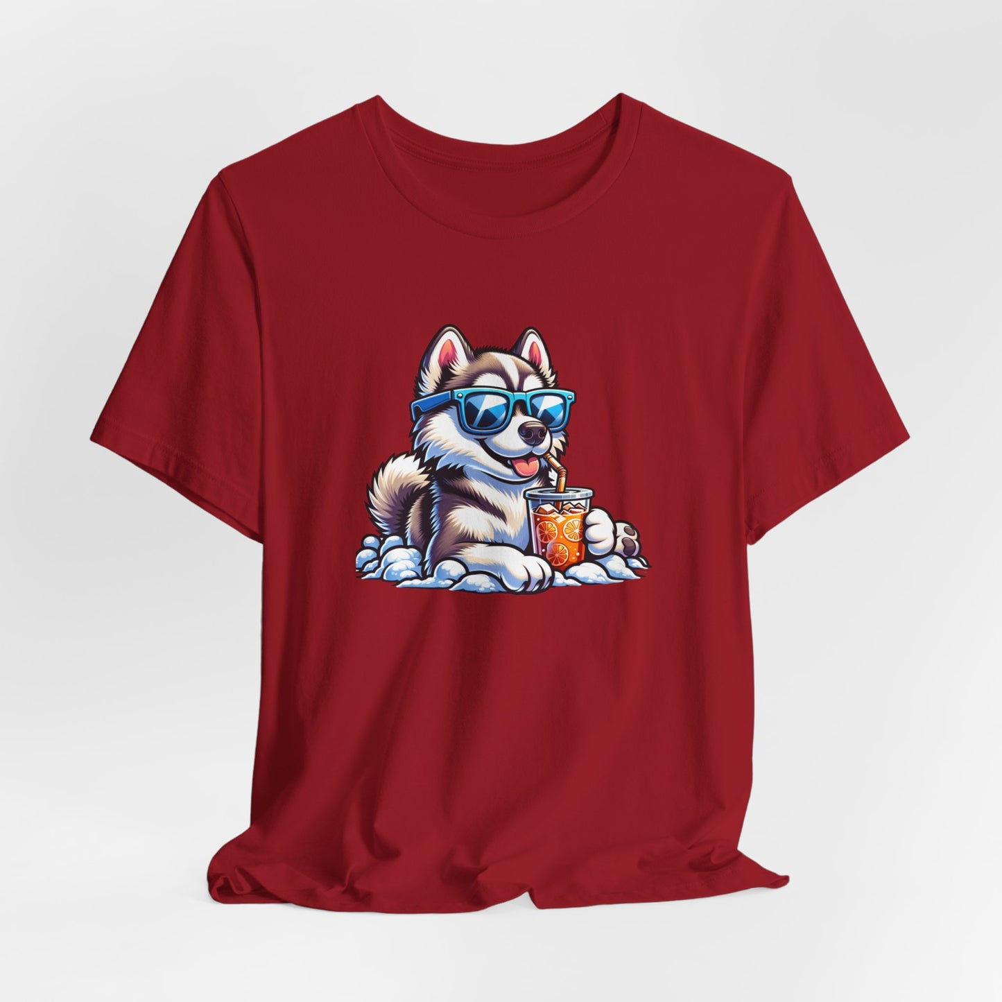 Siberian Husky Drinking Iced Tea Wearing Sunglasses Unisex Jersey Short Sleeve Tee