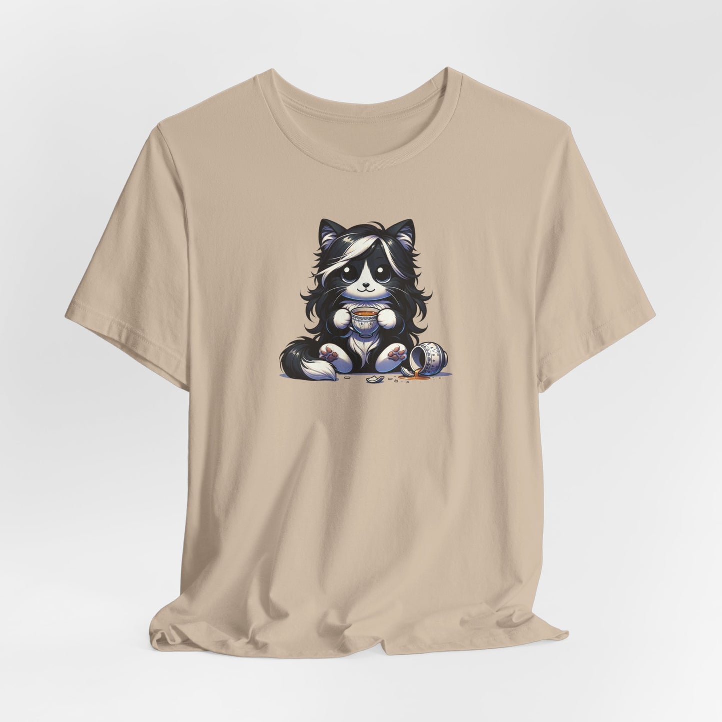 Long Haired Cat Drinking Tea Unisex Jersey Short Sleeve Tee